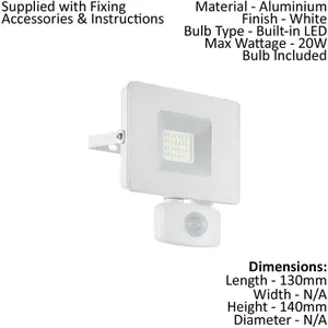 IP44 Outdoor Flood Light & PIR Sensor White Aluminium 20W Built in LED