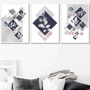 Set of 3 Graphical Abstract Floral Blue Grey Wall Art Prints / 50x70cm / White Frame