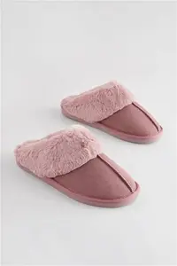 Womens Next Mink Pink Suede Faux Fur Lined Mule Slippers - Mink Pink