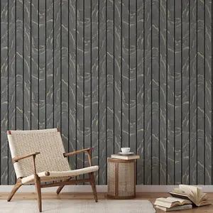 Muriva Woodgrain Panel Charcoal & Gold Wooden Slats Luxury Wallpaper 193503