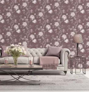 Galerie Vintage Roses Burgundy Grey Magnolia Smooth Wallpaper