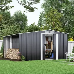 8.4 x 8.5 ft Metal Shed Garden Storage Shed Apex Roof Double Door with 8.5 x 2.1 ft Log Store,Black