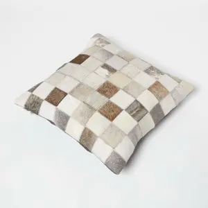 Homescapes Block Check Grey Leather Cushion 45 x 45 cm