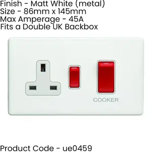 2 PACK 45A DP Oven Cooker Switch & 13A Switched Socket SCREWLESS MATT WHITE