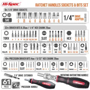 Hi-Spec 61pc 1/4 inch Driver Bit & Socket Set with Ratchet Screwdriver Handles. Torx, Hex & Small Precision Screw Bits