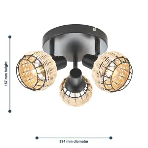 First Choice Lighting Goa Black and Natural Rattan 3 Light Ceiling Spotlight Plate