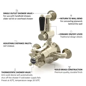 ENKI Downton English Gold Black Traditional Brass Thermostatic Twin Shower Valve with Return to Wall Bend T113