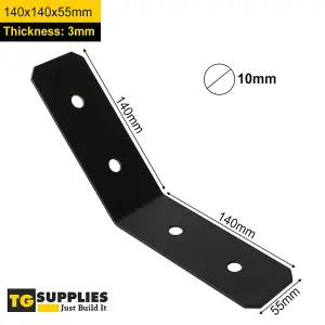 Pack of 4 - Heavy Duty Black 135 Degrees Angle Bracket - 135 Degrees Corner Brace -  Black 135 Degrees Corner Bracket 140x140x55mm