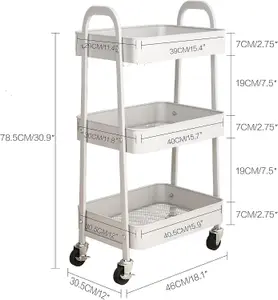 simpa 3 Tier Metal Multipurpose Wheeled Storage Cart - CREAM