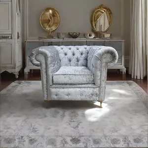 Chesterfield Low Back Club Chair Shimmer Silver Real Velvet Fabric In Classic Style