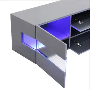 Kirsten TV Stand With Storage for Living Room and Bedroom, 1690 Wide, LED Lighting, Media Storage, Grey High Gloss Finish