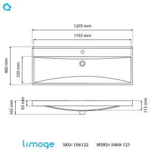 5409 Ceramic 120cm x 45cm Thick-Edge Inset Basin with Scooped Full Bowl