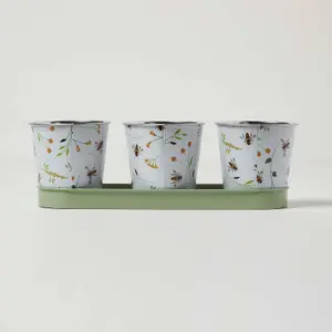 HOMESCAPES Set of 3 Green and White Indoor Plant Pots with Floral Bee Design