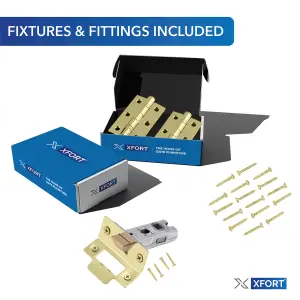 XFORT Polished Brass Tubular Latch Door Accessory Pack, Complate with 65mm Tubular Latch and 75mm Ball Bearing Hinges