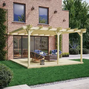 Wall Mounted Double Garden Pergola and Decking Kit - Wood - L420 x W420 cm - Light Green