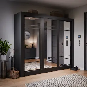 Lux II Modern Mirrored Sliding Door Wardrobe (H2150mm W2500mm D600mm) - Black Matt