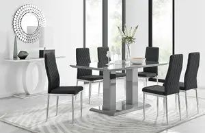 Imperia Grey High Gloss 6 Seater Dining Table with Structural 2 Plinth Column Legs 6 Black Stitched Faux Leather Milan Chairs