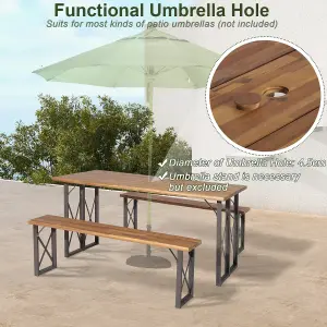 Costway 3 Pieces Outdoor Picnic Table & Bench Set Garden Wooden Dining Table w/ Umbrella Hole