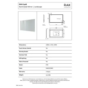 RAK Cupid 1000x600 Silvery White Square with Touch Sensor Illuminated Mirror IP44