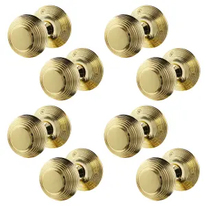 AFIT Beehive Door Knobs Polished Brass - 4 Pairs of Reeded Mortice Knobs (55mm) for Internal Doors