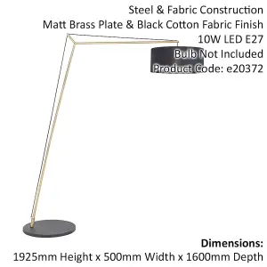 Matt Brass Large Standing Floor Lamp Light - Black Cotton Shade & Painted Base