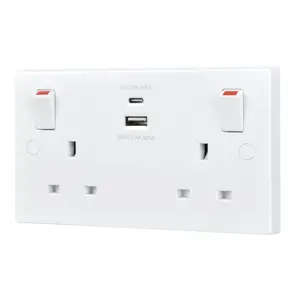 BG White Double 13A Raised square Switched Screwed Socket with USB, x2 & White inserts