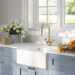 595mm - Single Bowl Butler Kitchen Sink - with Tap Ledge,  Overflow