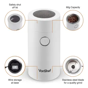 VonShef Coffee Grinder Electric 60g, Coffee Bean Grinder 2500RPM for Coffee, Nuts and Spices, 150W, White