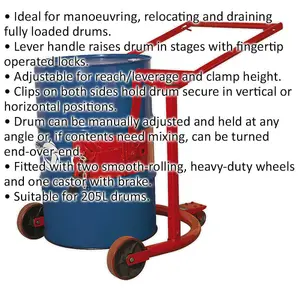 Mobile 205L Drum Handler Truck with Braked Castor - Adjustable Trolley for Easy Drum Movement