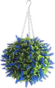 Best Artificial 28cm Blue Lush Lavender Hanging Basket Flower Topiary Ball - Suitable for Outdoor Use - Weather & Fade Resistant