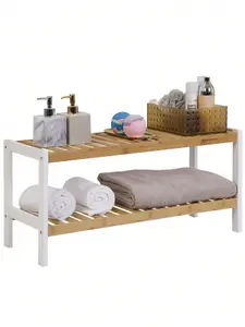 SONGMICS Natural Bamboo 2-Tier Shoe Rack, Shelf For Shoes Plants Books,For Living Room Hallway Bedroom Bathroom,White And Natural