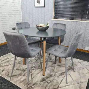 Dining Table Set Of 4 Round Grey Dining Table And 4 Grey Velvet Tufted Chairs For Kitchen Room Dining Room