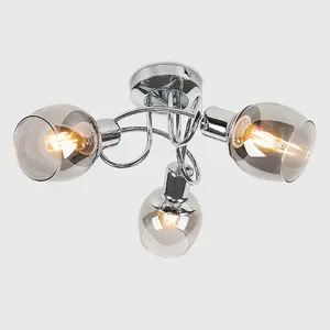 ValueLights Zarah Modern 3 Way Silver Chrome Swirl Arm Twist Design Ceiling Light with Smoked Glass Shades