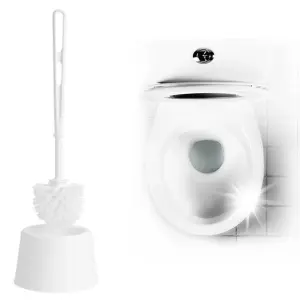 1 x Deep Cleaning White Plastic Toilet Brush Set With Handle & Holder For Bathrooms & Washrooms