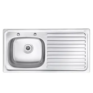 JASSFERRY Inset Stainless Steel Single Bowl Kitchen Sink Right Hand Drainer Two Pre-drilled Tap Hole, 930 x 480 mm