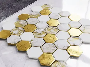 Hexagon glass mosaic on mesh for bathroom or kitchen 300mm x 303mm - White Lava