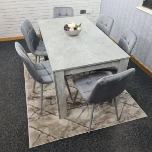 Dining Table Set Of 6, Grey Kitchen Dining Table and 6 Grey Tufted Velvet Chairs