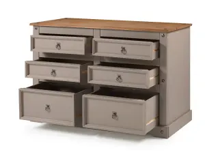 Mercers Furniture Corona Grey Wax Low 3+3 Wide Chest of 6 Drawers Solid Pine with Mexican Styling