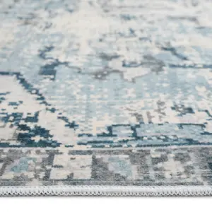 Washable Non-Slip Blue Gey Traditional Area Rug 80cm x 150cm