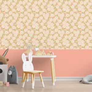 Roomblush Colourblock Spring Flowers  Eco 4 Lane Repeatable Wallpaper Mural 200 x 285cm, Pink