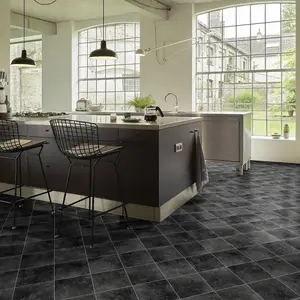 Black Tile Effect Vinyl Flooring For LivingRoom, Kitchen, 2mm Thick Cushion Backed Vinyl Sheet -6m(19'8") X 2m(6'6")-12m²