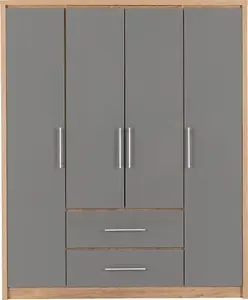 Seville 4 Door 2 Drawer Wardrobe Grey High Gloss and Light Oak Effect Veneer