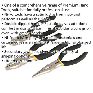 3 Piece Nickel-Ferrous Pliers Set - Combination Long Nose & Side Cutters - Ni-Fe