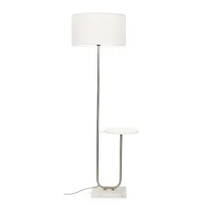 ValueLights Tavel Brushed Chrome Silver Floor Lamp with Table and White Shade