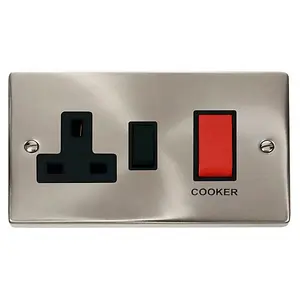 Satin / Brushed Chrome Cooker Control 45A With 13A Switched Plug Socket - Black Trim - SE Home