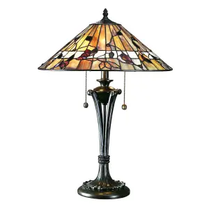 Luminosa Bernwood 2 Light Medium Table Lamp Dark Bronze, Tiffany Glass, E27