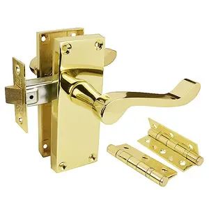 Z06 Victorian Scroll Door Handle Pack, Brass, 63mm Latch & Hinges - Handlestore