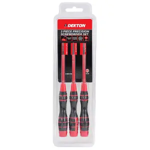 Dekton 3pc Long Precision Screwdriver set, Includes: Flat: 2-2.5-3mm, Phillips: PH0, PH1.Roatating tips