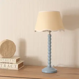 ValueLights Bobbins Powder Blue Table Lamp with Linen Scallop White Trim Shade and LED Bulb