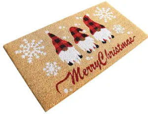 A.Unique Home 15mm Natural Coir Doormat with Printed Pattern 40cm x 80cm - Non-Slip PVC Backed - GNOME XMAS MAT